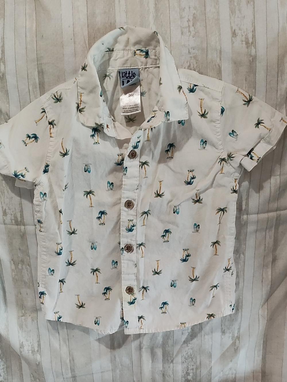 Little Lad White Palm-Print Short Sleeve Button-Down Shirt for Boys, 24 Mon